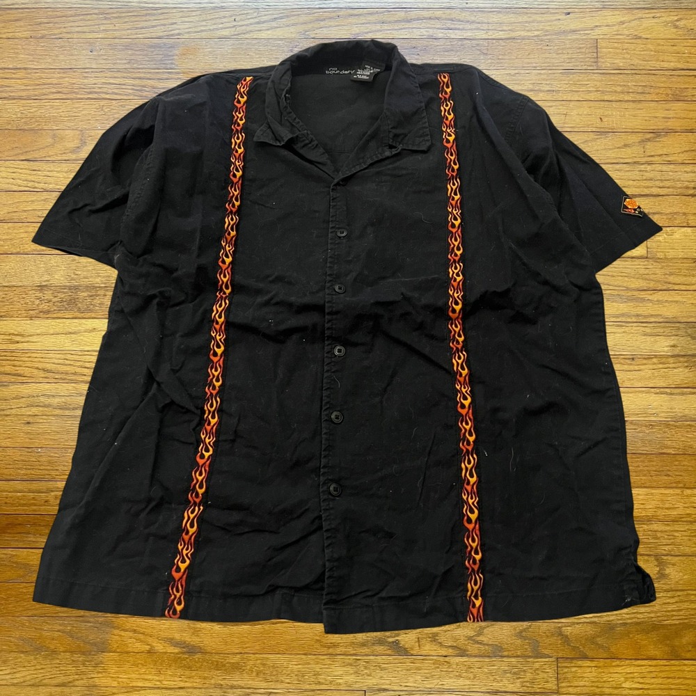 No Boundaries Mens XL Flame Racing Stripe Button Down Shirt Black Cotton Y2K
